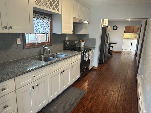 3117 Morin Point St, Erie, MI 48133 - kitchen featuring black range with electric stovetop, separate washer and dryer, stainless steel fridge with ice dispenser, a sink, and under cabinet range hood