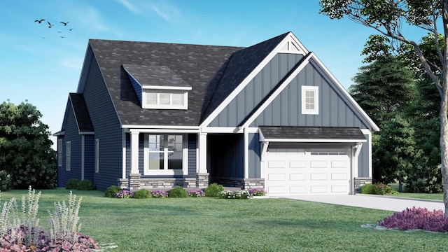 2740 Woodhaven Ct SW Unit 02, Byron Center, MI 49315 - view of front facade with board and batten siding, a front yard, driveway, a shingled roof, and stone siding