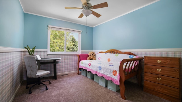 9869 Dartmoor Cir, Van Buren, MI 48111 - bedroom with a wainscoted wall, crown molding, ceiling fan, carpet flooring, and wallpapered walls