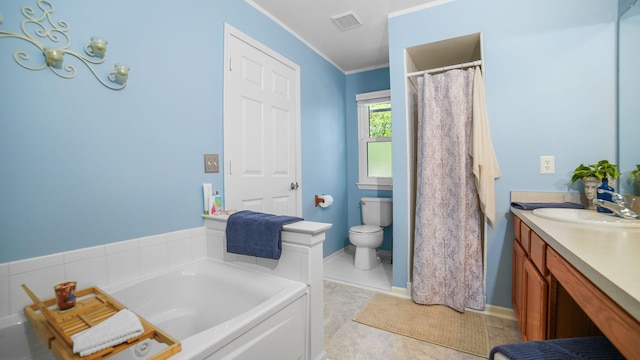 9869 Dartmoor Cir, Van Buren, MI 48111 - bathroom featuring vanity, a bath, toilet, ornamental molding, and a shower with shower curtain