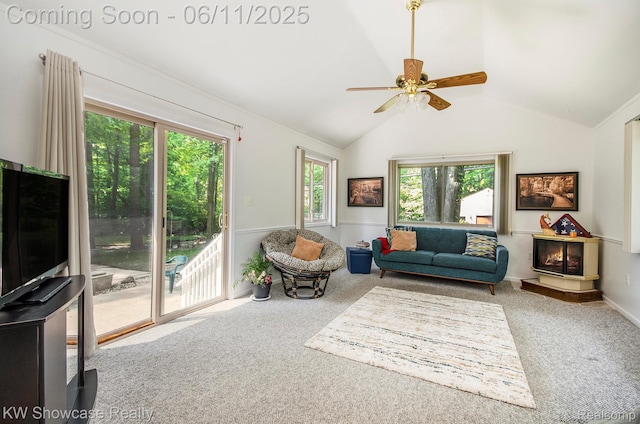 3675 S Commerce Rd, Commerce Twp, MI 48390 - living room featuring carpet floors, vaulted ceiling, and ceiling fan