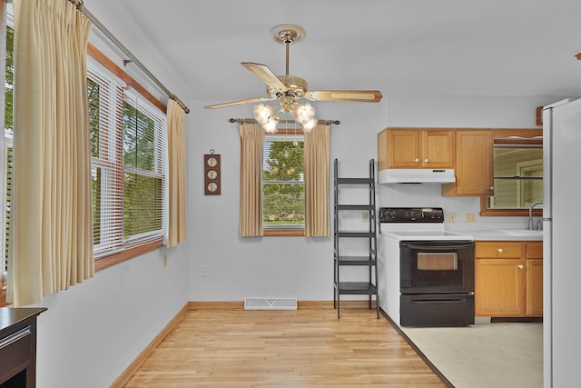 817 Cherry Ave, Big Rapids, MI 49307 - kitchen featuring range with electric stovetop, under cabinet range hood, light wood finished floors, a ceiling fan, and baseboards