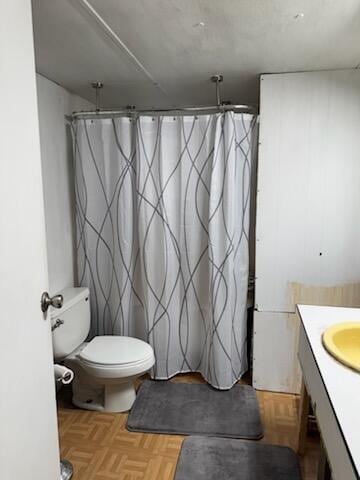 728 Crystal Ln, Mears, MI 49436 - bathroom with vanity, toilet, and a shower with shower curtain