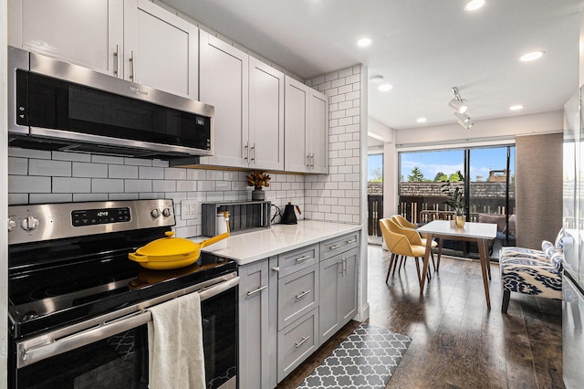 2140 Pauline Blvd Unit 108, Ann Arbor, MI 48103 - kitchen with appliances with stainless steel finishes, dark wood-style flooring, tasteful backsplash, gray cabinetry, and recessed lighting