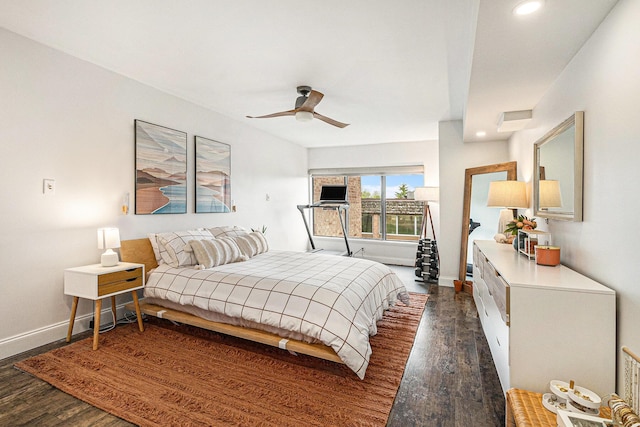 2140 Pauline Blvd Unit 108, Ann Arbor, MI 48103 - bedroom featuring dark wood-style flooring, baseboards, recessed lighting, and ceiling fan