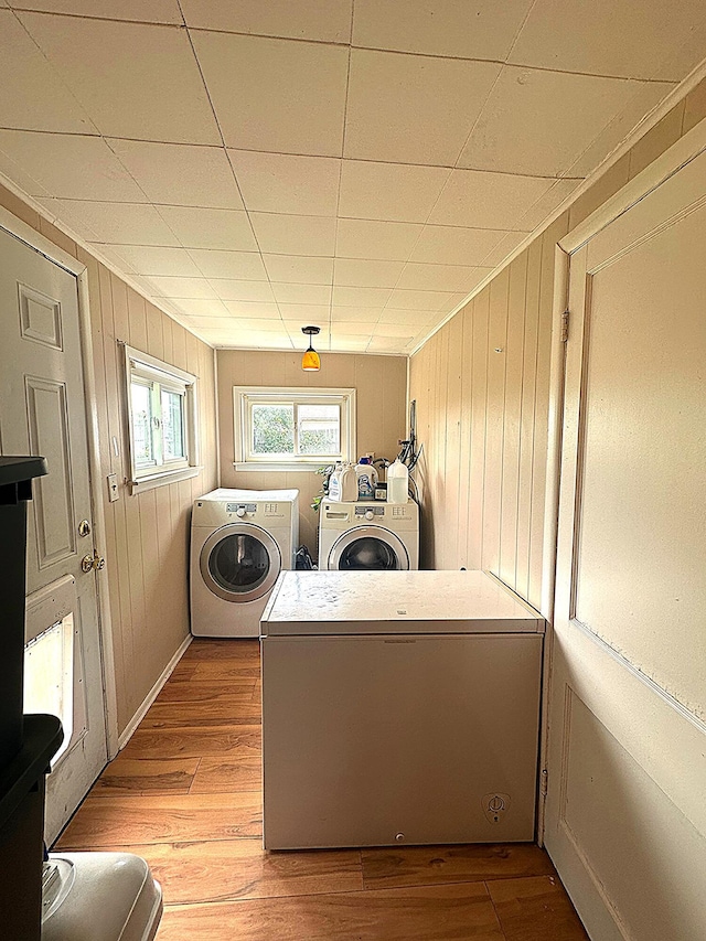 8632 Fremont St, Westland, MI 48185 - laundry area featuring washing machine and dryer, light wood-type flooring, and wooden walls