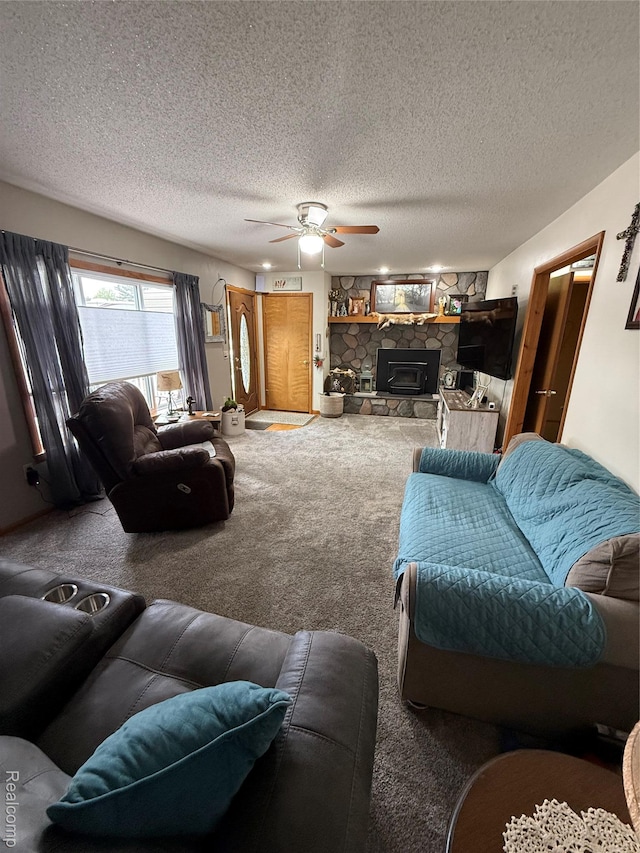 3454 Pine St, Hale, MI 48739 - living area with carpet flooring, a textured ceiling, and ceiling fan