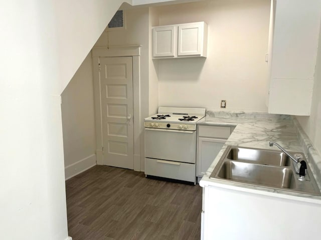 320 W Vine St, Kalamazoo, MI 49001 - kitchen with white range with gas cooktop, a sink, dark wood-style flooring, white cabinetry, and light countertops