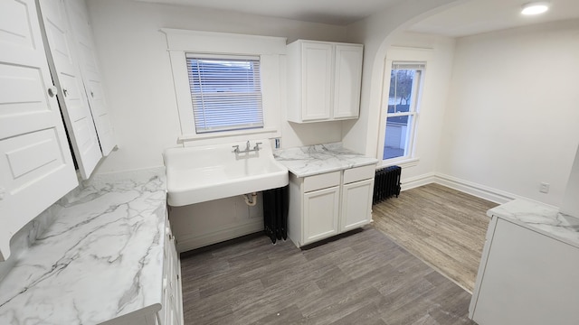 320 W Vine St, Kalamazoo, MI 49001 - laundry room with radiator, arched walkways, baseboards, a sink, and wood finished floors