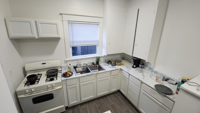 320 W Vine St, Kalamazoo, MI 49001 - kitchen featuring white gas range oven, a sink, dark wood-style floors, white cabinetry, and light stone counters