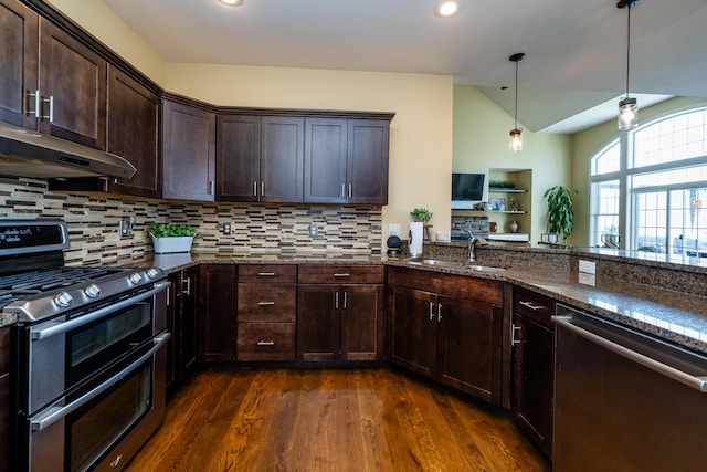 1640 Prairie Dr, Saint Joseph, MI 49085 - kitchen with stainless steel appliances, a sink, under cabinet range hood, vaulted ceiling, and dark stone counters