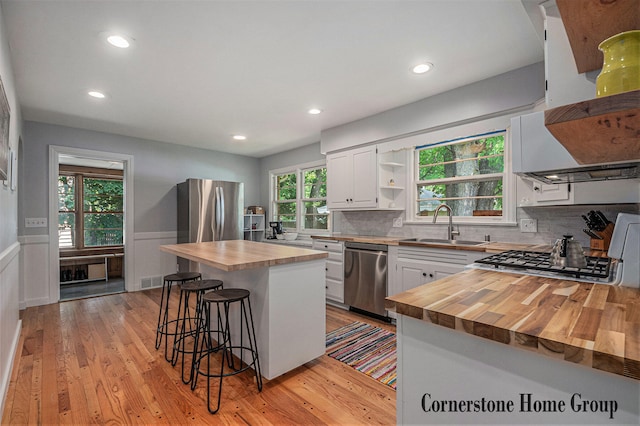 2308 Godwin Ave SE, Grand Rapids, MI 49507 - kitchen featuring butcher block countertops, appliances with stainless steel finishes, open shelves, a sink, and wainscoting