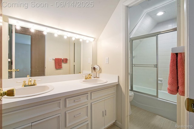 9818 Burning Tree Dr, Grand Blanc, MI 48439 - bathroom featuring toilet, double vanity, combined bath / shower with glass door, and recessed lighting