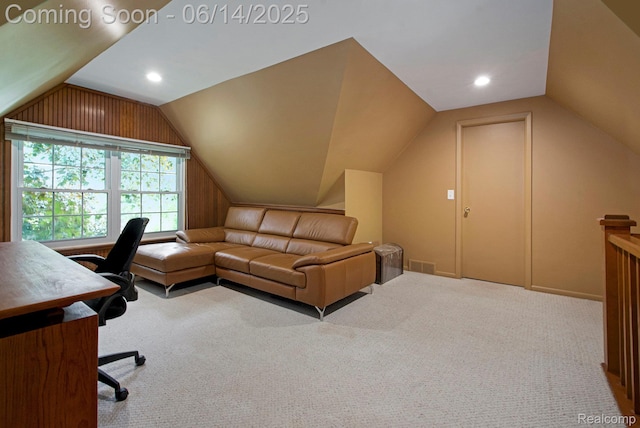 9818 Burning Tree Dr, Grand Blanc, MI 48439 - carpeted home office featuring vaulted ceiling and recessed lighting