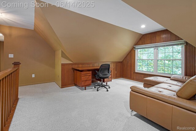 9818 Burning Tree Dr, Grand Blanc, MI 48439 - office featuring vaulted ceiling, wood walls, light carpet, baseboards, and recessed lighting