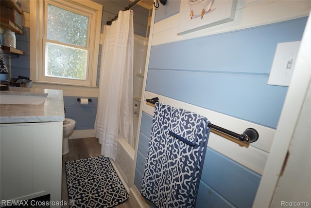 20375 Sumpter Rd, Belleville, MI 48111 - full bathroom with vanity, shower / bath combination with curtain, and wood finished floors