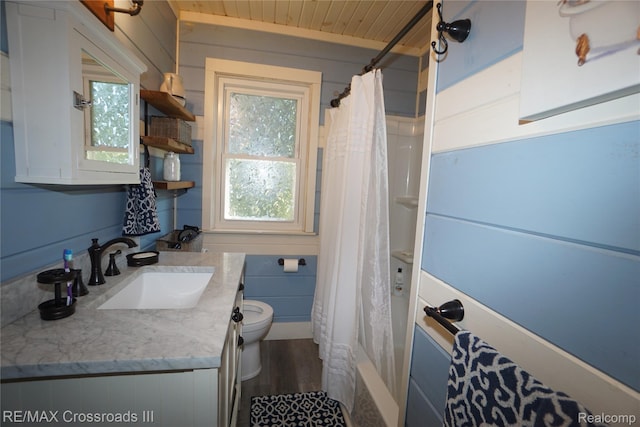 20375 Sumpter Rd, Belleville, MI 48111 - bathroom featuring vanity, wood ceiling, shower / tub combo with curtain, and wood finished floors