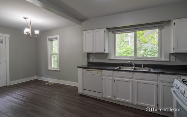 41 Grove St NE, Grand Rapids, MI 49505 - kitchen with white appliances, a sink, dark countertops, and white cabinetry