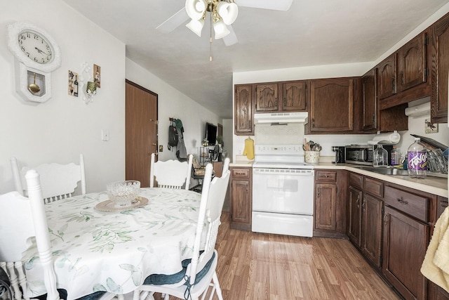 41 E 48th St, Holland, MI 49423 - kitchen featuring electric range, under cabinet range hood, ceiling fan, light wood-type flooring, and light countertops