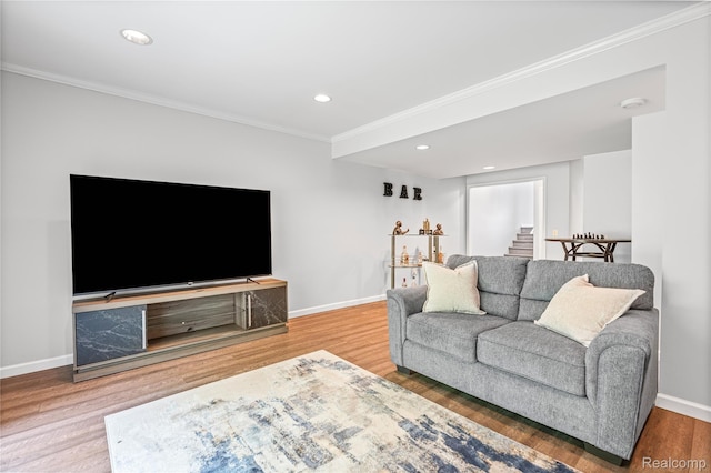 1015 Timber Ridge Ct, Grand Blanc, MI 48439 - living room with ornamental molding, wood finished floors, stairway, baseboards, and recessed lighting