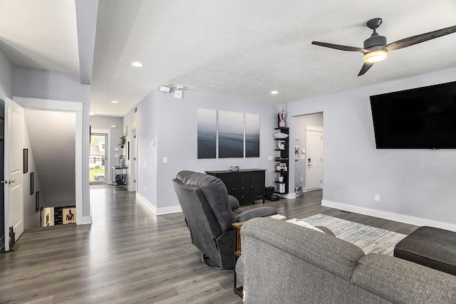 82 Dickens St, Spring Arbor, MI 49283 - living room featuring baseboards, wood finished floors, recessed lighting, ceiling fan, and a textured ceiling