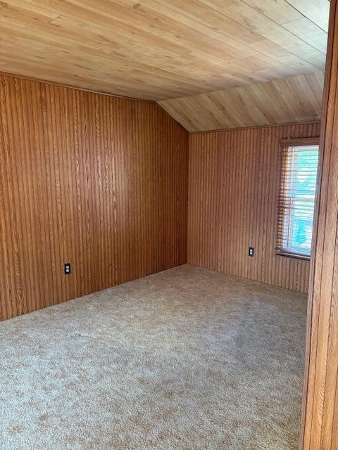 844 Dorroll St NE, Grand Rapids, MI 49505 - unfurnished room featuring carpet, lofted ceiling, wood ceiling, and wooden walls