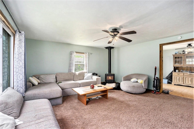 1027 E Railroad St, Hastings, MI 49058 - carpeted living room with a wood stove and a ceiling fan