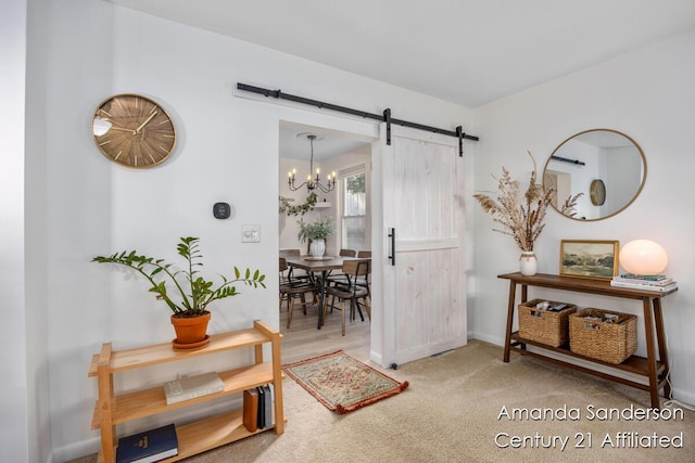 620 Emerald Ave NE, Grand Rapids, MI 49503 - foyer entrance with a barn door, a chandelier, baseboards, and carpet