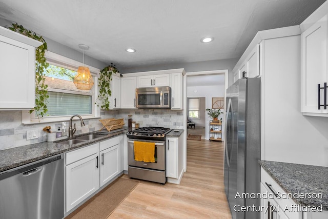 620 Emerald Ave NE, Grand Rapids, MI 49503 - kitchen with stainless steel appliances, a sink, light wood finished floors, white cabinetry, and recessed lighting