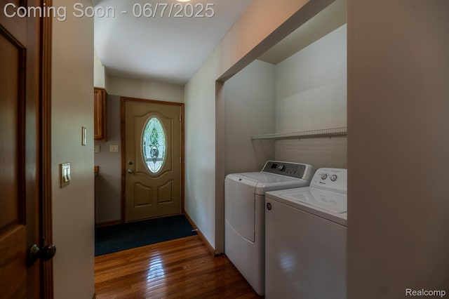 3591 Curry Rd, Caro, MI 48723 - washroom with independent washer and dryer, dark wood-style floors, and baseboards