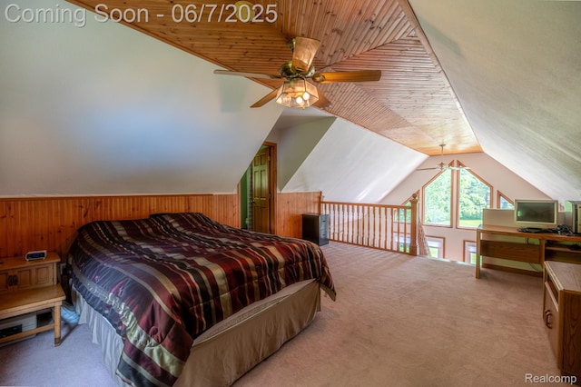 3591 Curry Rd, Caro, MI 48723 - bedroom featuring vaulted ceiling, carpet floors, wood walls, ceiling fan, and wood ceiling