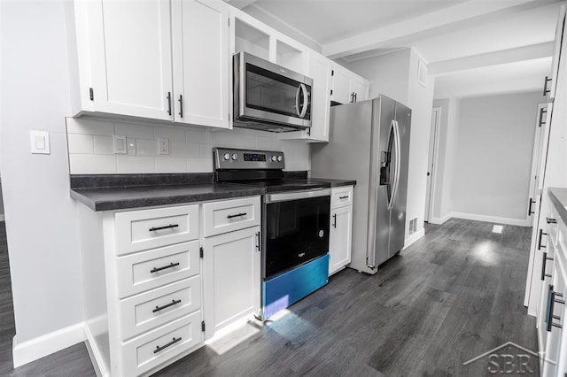 2832 N W River Rd, Sanford, MI 48657 - kitchen with appliances with stainless steel finishes, dark wood-style flooring, tasteful backsplash, dark countertops, and white cabinetry