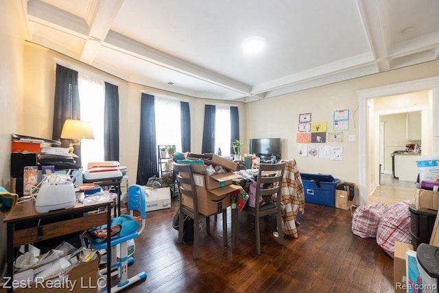 2977 Canton St, Detroit, MI 48207 - home office featuring coffered ceiling, beam ceiling, and hardwood / wood-style floors