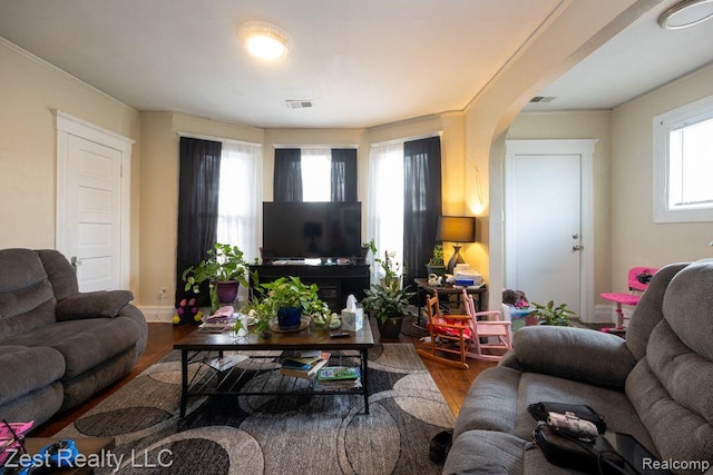 2977 Canton St, Detroit, MI 48207 - living room featuring wood finished floors and arched walkways