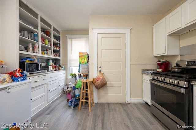 2977 Canton St, Detroit, MI 48207 - kitchen with stainless steel appliances, light wood-style flooring, white cabinets, and light countertops