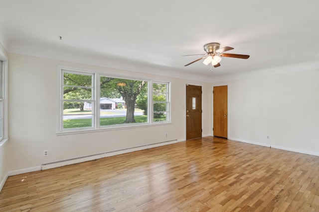 1279 Cunningham, Jackson, MI 49201 - empty room with a baseboard heating unit, a ceiling fan, wood finished floors, and baseboards