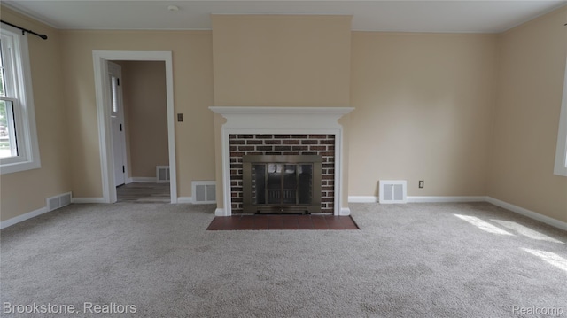22101 Francis St, Dearborn, MI 48124 - unfurnished living room featuring carpet flooring, a fireplace, baseboards, and ornamental molding