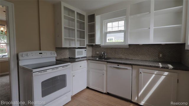 22101 Francis St, Dearborn, MI 48124 - kitchen featuring white appliances, open shelves, a sink, and tasteful backsplash