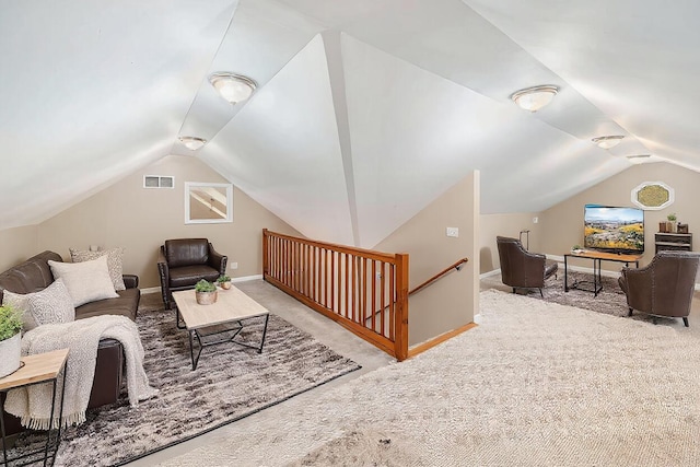 224 S Jameson St, New Buffalo, MI 49117 - carpeted living room featuring vaulted ceiling and baseboards