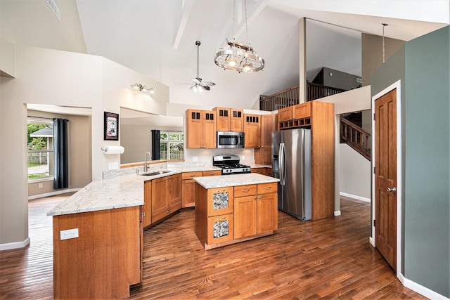 224 S Jameson St, New Buffalo, MI 49117 - kitchen with appliances with stainless steel finishes, high vaulted ceiling, a sink, dark wood-type flooring, and baseboards
