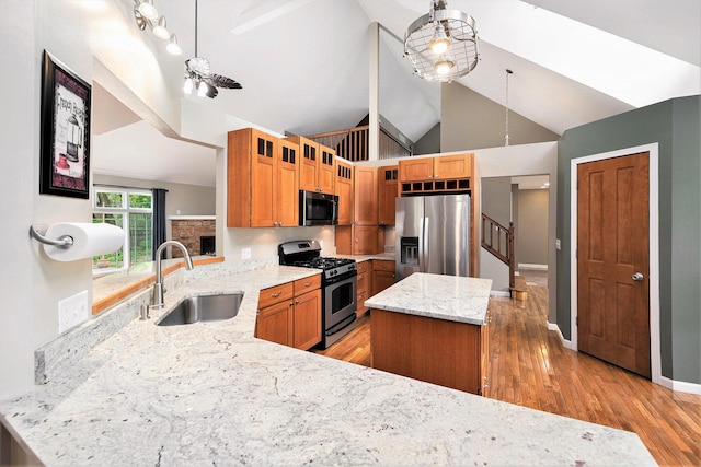 224 S Jameson St, New Buffalo, MI 49117 - kitchen with stainless steel appliances, a sink, light stone counters, glass insert cabinets, and light wood-type flooring