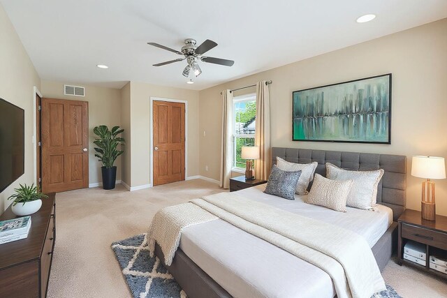 224 S Jameson St, New Buffalo, MI 49117 - bedroom featuring light carpet, baseboards, ceiling fan, recessed lighting, and a closet