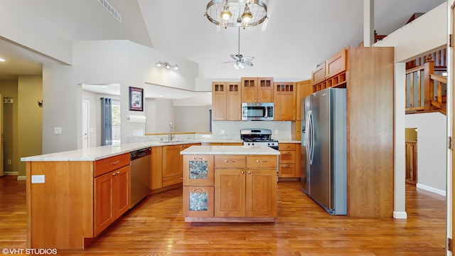 224 S Jameson St, New Buffalo, MI 49117 - kitchen with stainless steel appliances, a sink, light wood-style floors, a peninsula, and glass insert cabinets