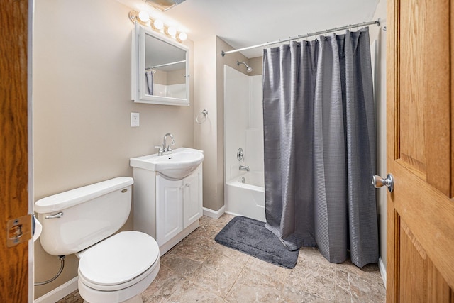 224 S Jameson St, New Buffalo, MI 49117 - bathroom featuring shower / bathtub combination with curtain, vanity, toilet, and baseboards
