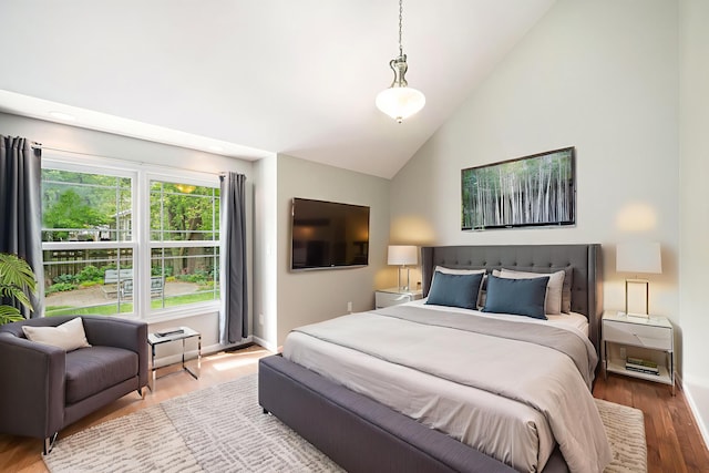 224 S Jameson St, New Buffalo, MI 49117 - bedroom featuring wood finished floors, baseboards, and high vaulted ceiling