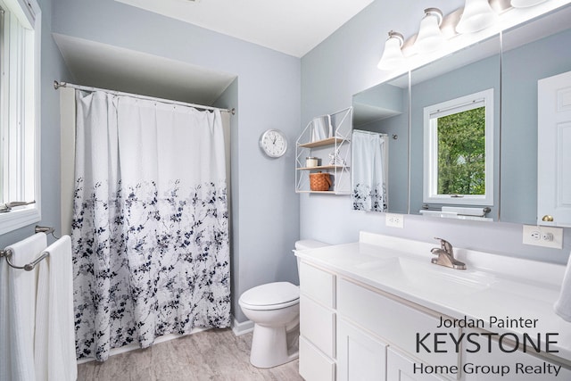 5896 Rollaway Dr NE, Comstock Park, MI 49321 - bathroom featuring vanity, toilet, wood finished floors, and a shower with shower curtain