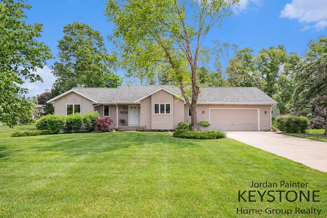 5896 Rollaway Dr NE, Comstock Park, MI 49321 - ranch-style house with a garage, a front lawn, driveway, and a shingled roof