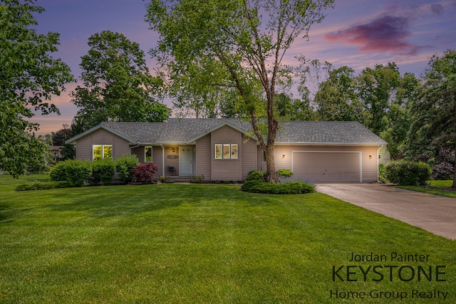 5896 Rollaway Dr NE, Comstock Park, MI 49321 - ranch-style house with an attached garage, concrete driveway, a front yard, and a shingled roof