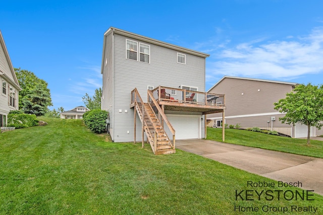 881 Cobblestone Way Dr SE, Byron Center, MI 49315 - rear view of property featuring a wooden deck, concrete driveway, stairs, a lawn, and an attached garage