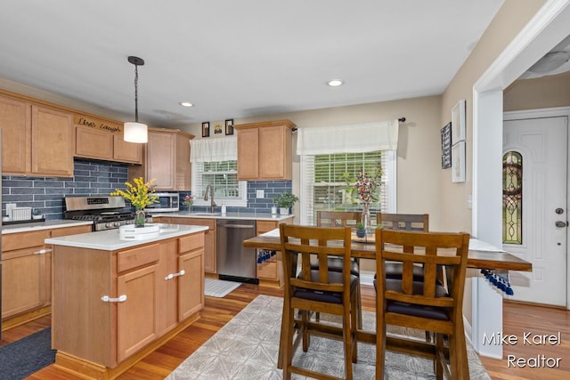 3674 Barker St, Hudsonville, MI 49426 - kitchen featuring stainless steel appliances, light countertops, tasteful backsplash, light wood-style floors, and a center island